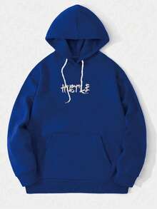 Plus Size Men's Casual Hoodie Sweatshirt, Letter Slogan Print, Urban Street Style, Leisure Sports Weekend, Autumn/Winter Long Sleeve Hooded Pullover - Blue - View 3