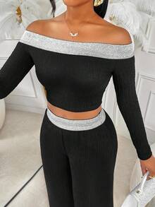 Amarilo 黑色性感露肩长袖修身短款上衣和阔腿裤女式两件套，采用银色丝带拼接设计和针织弹力条纹面料，适合日常休闲外出装、女士办公室装、别致风格、女士秋季服装、女士冬季服装 - 黑色 - 查看 7