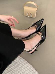 2025新款尖头黑色高跟鞋，女士浅口鞋，亮面皮革，细跟，铆钉，搭扣，优雅女士鞋