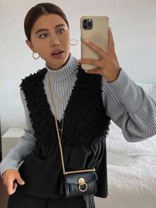 Livesso 女士黑色无袖拼接绒面褶皱设计宽松休闲百搭叠穿背心，秋季款