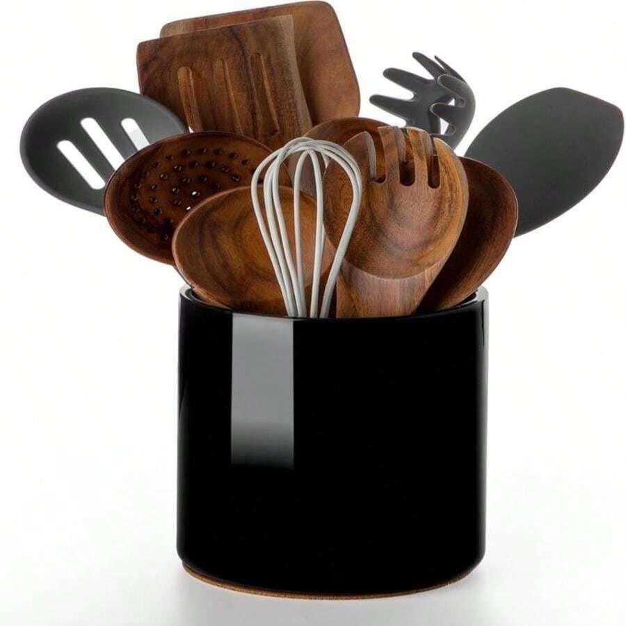 Nucookery Utensil Holder, 64" Ceramic Kitchen Utensil Holder With Countertop-Protection Cork Bottom, Farmhouse Kitchen Decor For Counter, Christmas Gift (Stone Black) - ColorA - 查看 1