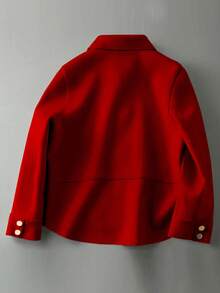 时尚简约女士翻领单排扣高品质短款羊毛大衣，休闲宽松纯色长袖复古优雅风格，可搭配时尚外套，女士冬季羊毛大衣 - 紅色 - 查看 3