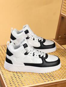 Cute And Casual All-Season Non-Slip Comfortable Versatile Wear-Resistant Lightweight High-Top Flat Shoes For Boys And Girls, Suitable For School, Running, And Sports. - Đen và trắng - Xem 1