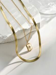 Nooxian 2 piezas Collar colgante de doble capa con cuchilla de acero inoxidable, cadena cuadrada de cobre con micro-incrustación de circonita brillante - Amarillo Oro - Ver 5