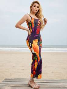 Women's Casual Vacation Parrot & Turtle Print Beaded Spaghetti Strap Mid-Length Dress - Date Outfit - Tropical Elegant Dress For Women(JH25008) - Multicolor - View 3