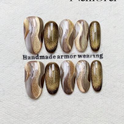 10片手工椭圆形亚克力美甲贴片，中长款，柔和棕色，闪亮猫眼，不规则线条，简约优雅奢华秋季美甲，秋季美甲贴片，多功能美甲DIY假指甲，适合派对、日常、约会、海滩、热带度假等场合，可重复使用，送给女性和女孩的礼物，美甲用品