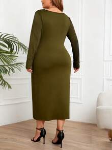 Women's Elegant Solid Color Long Dress, Suitable For Formal Evening Occasions, Autumn Spring - Army Green - View 4