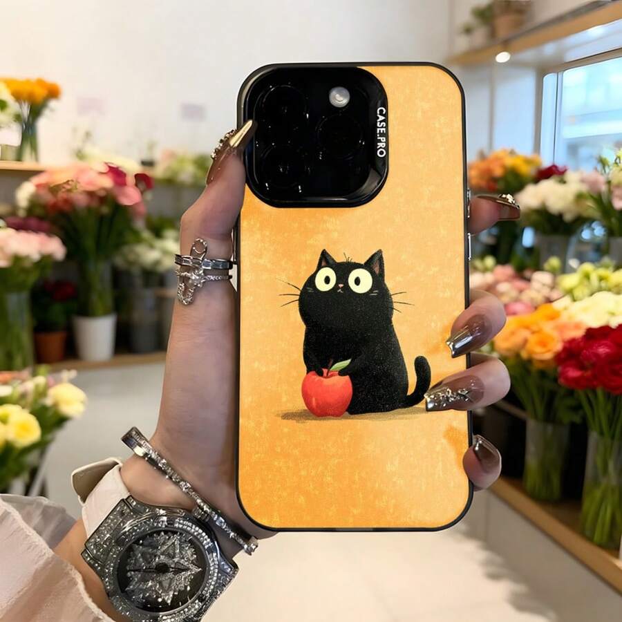 Cubierta de teléfono con diseño de gato negro y manzana roja color naranja para uso diario en floristerías y espacios elegantes Aplicable a los teléfonos de la serie Apple y Galaxy - Negro - Ver 1