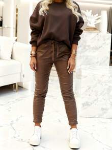 Damen Thermisch gefütterte Hose mit hoher Taille aus Kunstleder mit Kordelzug, lässige plissierte Taschen Slim Fit warme Kunstleder Leggings - Schokoladenbraun - Übersicht 1