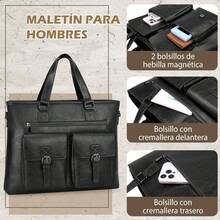 Portafolio para Hombre de 15. 6 Pulgadas, Maletín de Laptop de Piel PU, Grande Capacidad, Impermeable, Ideal para Trabajo, Negocios y Viajes - Negro - Ver 5