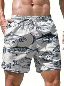 Men's Casual Ocean Fish Pattern Shorts With Elastic Waistband - Multicolor - View 1