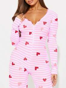Women's Valentine's Day Heart  Bow Striped  Pajama - Long Sleeve Zip-Front Jumpsuit Loungewear - 粉色 - 查看 2