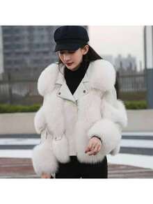 Winter Fashion Imitation Fox Fur Short Young Coat Temperament Socialite Motorcycle Style Leather Jacket - trắng - Xem 3