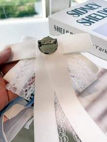 1件花卉印花优雅涤纶领带，复古蕾丝蝴蝶结发夹配精致水晶珍珠顶夹，仙气飘飘的雪纺丝带发饰 - 白色 - 查看 7