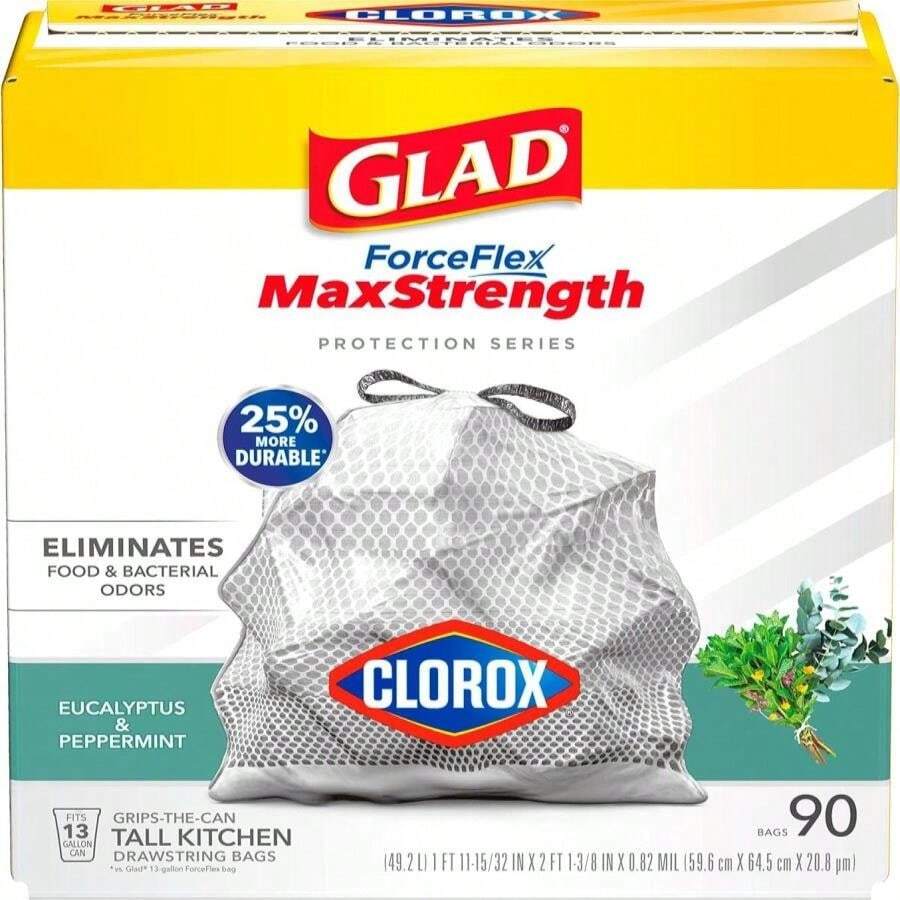 Glad Tall Kitchen Trash Bags 13 Gallon, MaxStrength Eucalyptus And Peppermint Garbage Bags, Drawstring, 90 Count - ColorD - View 1