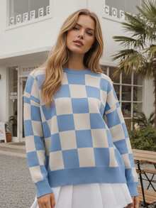 Womens Fall Winter Sweater Loose Fit Casual Checkered Ribbed Trim Crew Neck Long Sleeve Knit Tops - 藍色 - 查看 1