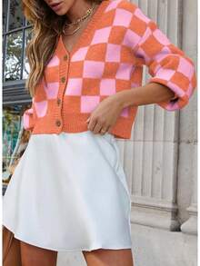 Women's Checkered Button Down Long Sleeve Knit Cropped Cardigan Sweater Tops, Style - 橘色 - 查看 2
