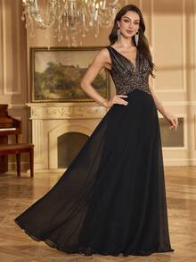 UNITHORSE [Random Cut] Women's V-Neck Gradient Sequin Chiffon Waist-Cinched Solid Color Elegant Party Dress, Wedding Dress, Evening Gown - 黑色 - 查看 3