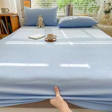 1pc Simple Solid Color Fitted Sheet, Skin-Friendly Cloud-Like Soft & Comfortable Breathable Fitted Sheet, High Elasticity 360° Full Wrap, Fresh Brushed Fitted Sheet, Fitted For Mattress Cover, Mattress Protector, Dust Cover, Suitable For Bedroom, Single Bed, Double Bed, Guest Room, Hotel, Dormitory, Ideal Gift For Parents, Family And Friends On Holidays And Gatherings - Sky Blue - View 10
