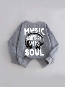 男童休闲简约酷炫音乐设计耳机印花圆领长袖卫衣，秋冬童装