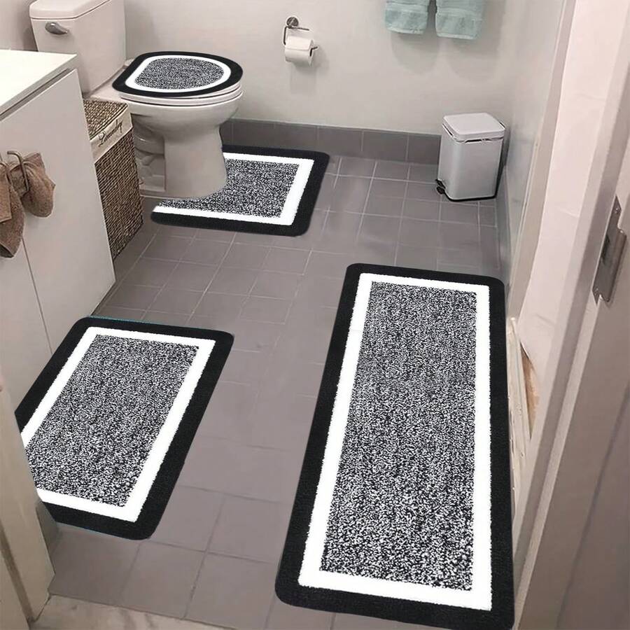 4 Piece Bathroom Rugs Sets With Toilet Lid Cover, U Shaped Toilet Mat And Absorbent Microfiber Plush Mats, Non-Slip Backing, Machine Washable Bathroom Decor Set For Bathroom, Bedroom, Living Room - Black - View 1