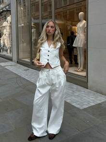 两件套女士优雅时尚办公/通勤套装，白色无袖纽扣背心上衣搭配宽松阔腿裤（带口袋），夏季套装 - 白色 - 查看 5