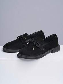 New Thick Sole Bow Tie Loafers For Women, Spring/Autumn Fashion Lace-Up Chunky Heel Comfortable Casual British Style Oxfords