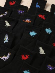 10 Pairs Kids Dinosaur Pattern Elastic Mid-Calf Socks, Suitable For Daily Wear And Sports. Comfortable, Soft, Breathable, Moisture-Wicking. Essential Socks For Boys And Girls, Black Socks For Teenagers, Fashionable And Versatile, Great Gift Item. - Multicolor - View 7