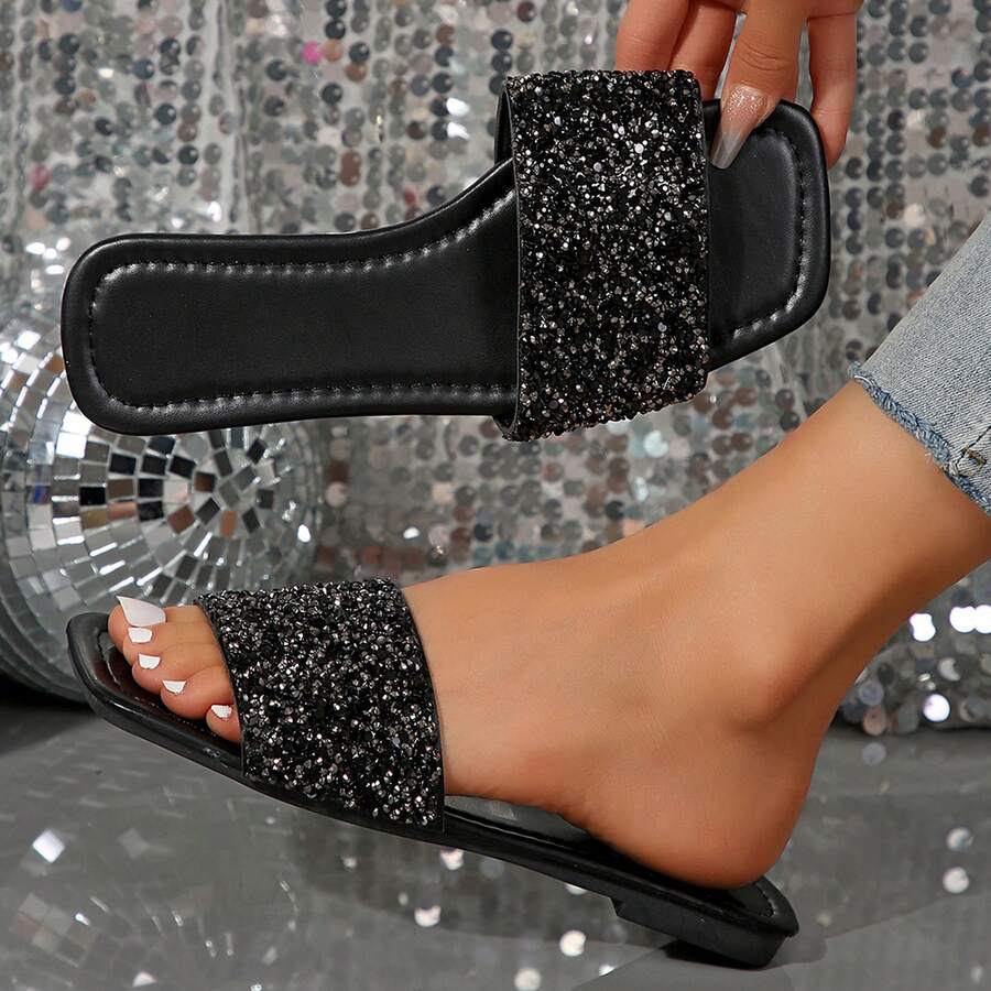 Rhinestones Summer Sandals Women Beach Slippers Casual Fashion Slippers Square Open Toe Flats Slides Shoes Outdoor Walking Travel - 黑色 - 查看 1