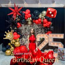 130pcs Casino-Themed Balloon Wreath Set,Includes Exploding Stars, Dice, Crown Foil Balloons, And Black, Red, And Gold Latex Balloons. It's Perfect For Birthday Parties, Casino Royal Parties, Bachelor/Bachelorette Parties, Anniversary Celebrations, And Las Vegas-Themed Parties.
