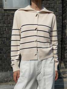 DAZY Contrast Color Striped High Neck Long Sleeve Loose Cardigan With Horn Buttons For Women,Fall Women Clothes - Apricot - View 8