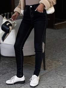 Livesso Damen Hohe Taille Skinny Jeans, dehnbare Slim Fit Thermofutter Jeans für Herbst/Winter mit Fleecefutter - Dunkelgrau - Übersicht 4