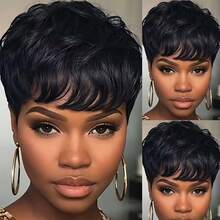 Short Straight Pixie Cut Human Hair Wig With Bangs For Women Remy Brazilian Human Hair Wig Rose Net Full Machine Made Human Hair Wig Natural Black Colored Wig Holiday Wear Party Wear Music Festival Mother's Day Carnival Valentine's Day Halloween All Saints' Day Christmas Day Cosplay Spring Summer Autumn Winter Local Warehouse Wear And GO New Product Discounts Wigs For Black Women Casual Elegant Preppy Business Modest Romantic Glamorous Vintage Street Sporty Cute Royal Simple Vacation Daily Holiday - Natural Black - Xem 6