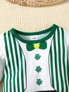 2pcs/Set Baby Boy Clover Print Patchwork Striped Cute Long Sleeve Romper + Hat - Green - View 3