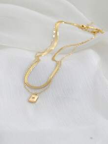 Nooxian 2 piezas Collar colgante de doble capa con cuchilla de acero inoxidable, cadena cuadrada de cobre con micro-incrustación de circonita brillante - Amarillo Oro - Ver 6