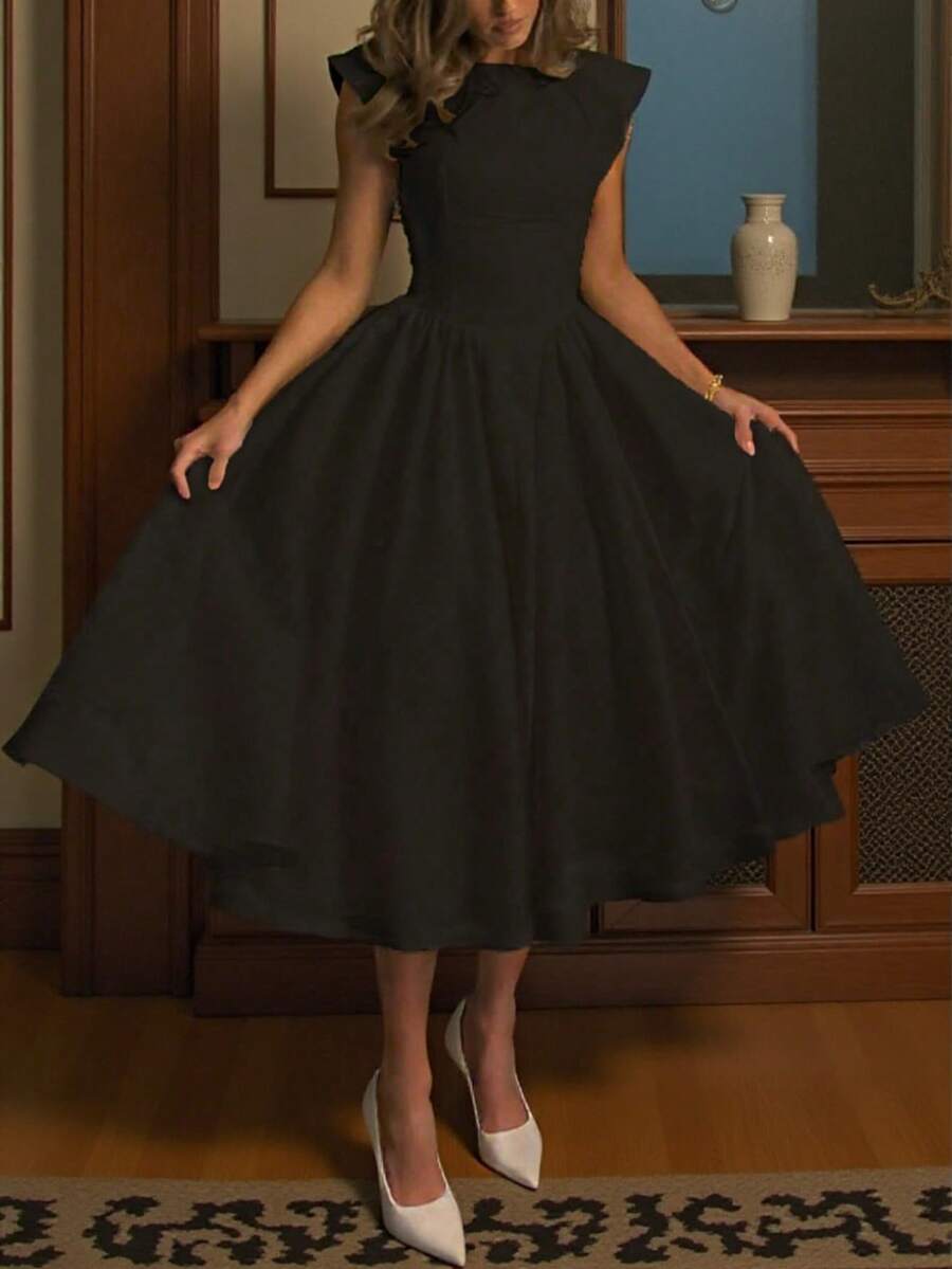 Floreya Apricot Elegant French Style Daily Date Ruffle Waist Hollow Backless Mid-Length Dress