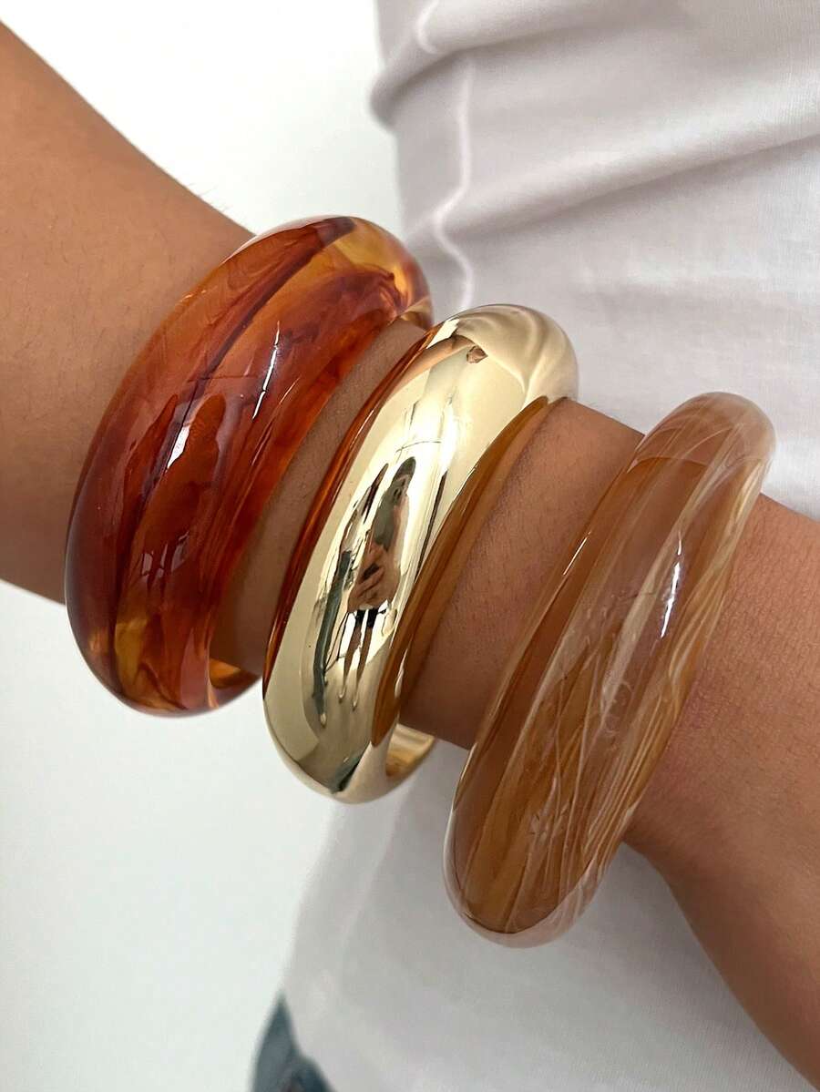 3pcs Vintage Minimalist Wavy Acrylic & Resin Material Bangle Bracelet Set For Women, Suitable For Daily Wear, Stackable, Perfect Gift Choice For Holidays - Multicolor 2 - View 1