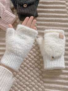 1双2025新款冬季露指翻盖半指手套白色蓬松女士加厚保暖手套适合学生骑行和触摸屏 - 彩色 - 查看 9