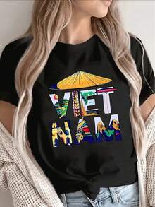 Unisex Women's Vietnam Travel Pattern T-Shirt - Lightweight Short Sleeve Round Neck T-Shirt, Printed With Hanoi, Ho Chi Minh City, Ocean Bay, Vietnamese Cultural. Art - All-Season Casual Shirt, Suitable For Beach, Restaurant Daily Outings - Durable  Top - 黑色 - 查看 1