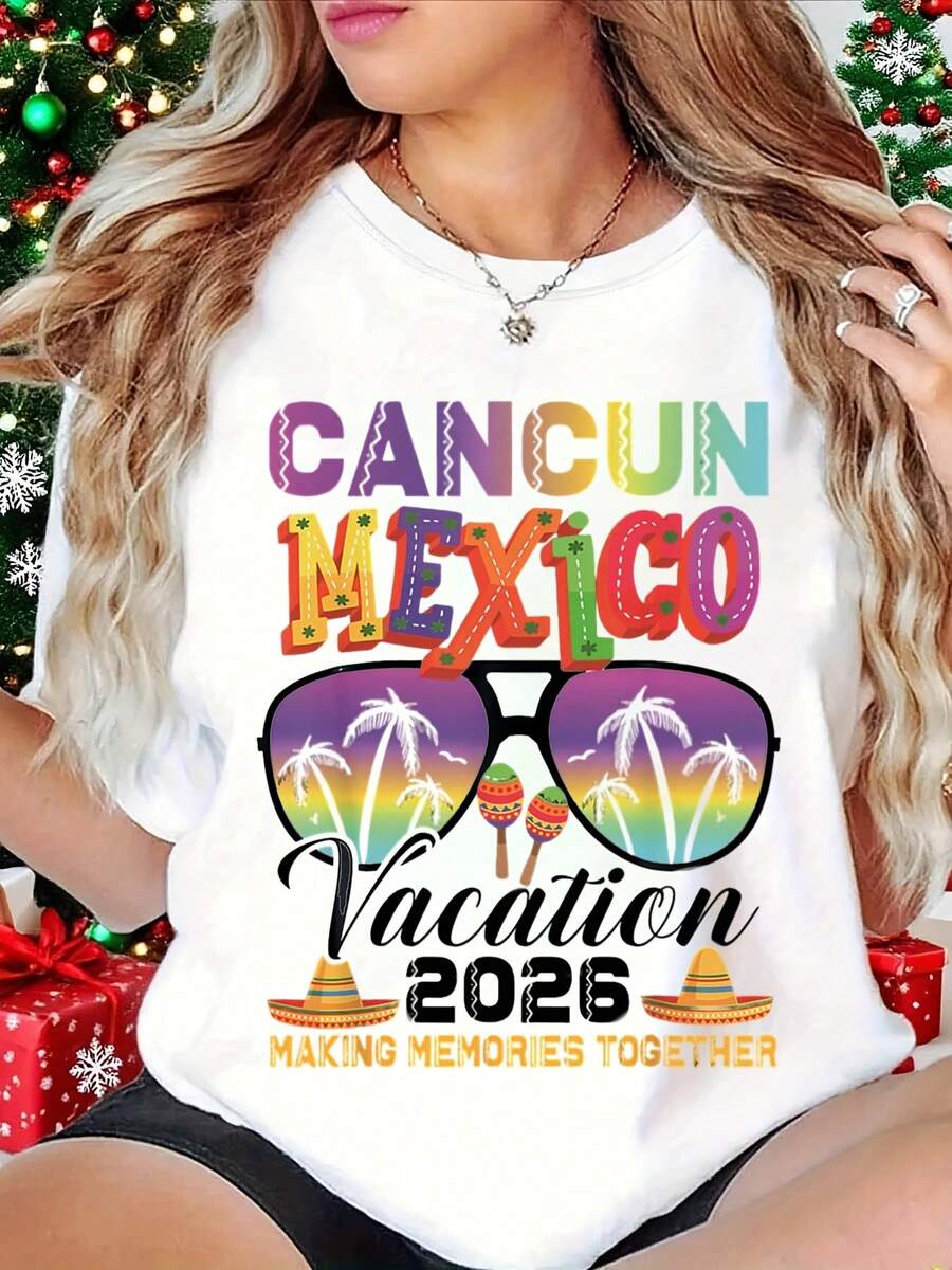 Cancun Mexico Vacation 2026 Making Memories Together Printed Design Short Sleeve Women Round Neck T Shirt For Travel And Party - 白色 - 查看 1