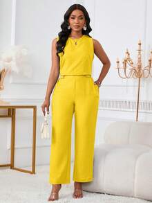 女士时尚休闲无袖上衣长裤两件套，斜插口袋和纽扣细节设计，优雅夏季 - 鵝黃 - 查看 7