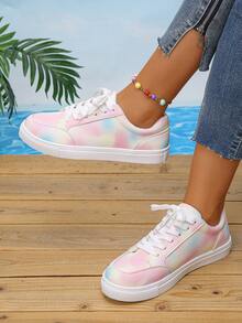 女士休闲运动鞋，春季新款平底低帮系带圆头鞋，户外休闲百搭轻便彩色平底鞋，跑步运动鞋 - 彩色 - 查看 2