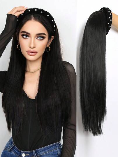 61 cm elegant pärlperuk med hårband för kvinnor - lätt att bära, långt rakt syntetiskt hår, festklar, justerbar hatt, tillfälleperuk | slätt rakt hår | syntetisk peruk (svart yaki rakt hår, svart, ljusbrunt)