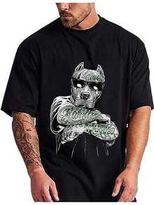 Herren Große Größen Grafik T-Shirt - Tapferer Hund & Geld Muster Baumwoll Shirt, Regular Fit Lässig Streetwear, S-XXXL, Schwarz mit grünen Akzenten, Ganzjahreskomfort, Lässiger Outfit, Streetwear Ästhetik, atmungsaktives Material, Bedrucktes Shirt, Streetwear Liebhaber, Urbaner Stil, Design, Strapazierfähiges T-Shirt, Oversized T-Shirt - Schwarz - Übersicht 6