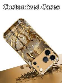 1pc Customizable Phone Case With Luxury Diamond Gold Horse Design, Tempered Glass Material, Compatible With Iphone 17 Air/16 ProMax/15 Pro/14 Plus/13 Pro/12 Pro Max/11/Xs Max/8/7/6 Plus, S24 Ultra/S25 Ultra/A12, Elegant Luxury Minimalist Design, Creative Personalized Durable Protective Case, Gift - Gold - View 5