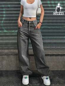 سراويل جينز نسائية عتيقة كاجوال ذات خصر مطاطي فضفاضة وساق مستقيمة - رمادي غامق - مشاهدة 3