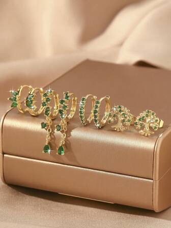  6pcs/8pcs Elegant Green Cubic Zirconia Butterfly Flower Earring Set, Fashion Hoop Pendant Earrings For Women, Suitable For Party And Daily Wear