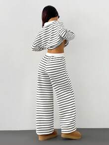 Women's 2pcs Set Loose Striped V-Neck Drop Shoulder Long Sleeve T-Shirt Top&Elastic Waist Striped Pants, Winter Sweater Suit ,Autumn/Winter Women Striped Lounge Set Two Pieces Pants Set, Women Two Pieces Set Casual Two Pieces Set Striped Two Pieces Set Comfortable Two Pieces Set Winter Clothes For Women Winter Outfit For Women Casual Women Outfits White Outfit For New Year's Eve