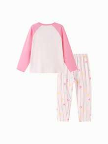 Balabala 2pcs/Set Tween Girls' Spring New Cotton Cartoon Print Raglan Sleeve Top And Pants Pajama Set - Pink - View 4