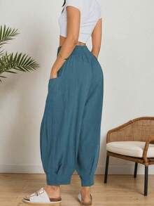 Women's Casual Solid Color Double Pocket Harem Pants - Blue - View 2